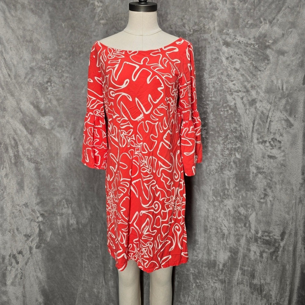 Manuhealii Hawaii Red White Tropical Print Bell Sleeve Shift Dress Size L